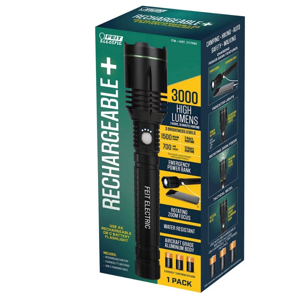 FLASHLIGHT RECHARGEABLE LED BRIGHT USB POWER BANK 3000 LUMEN CAMPING FEIT TORCH